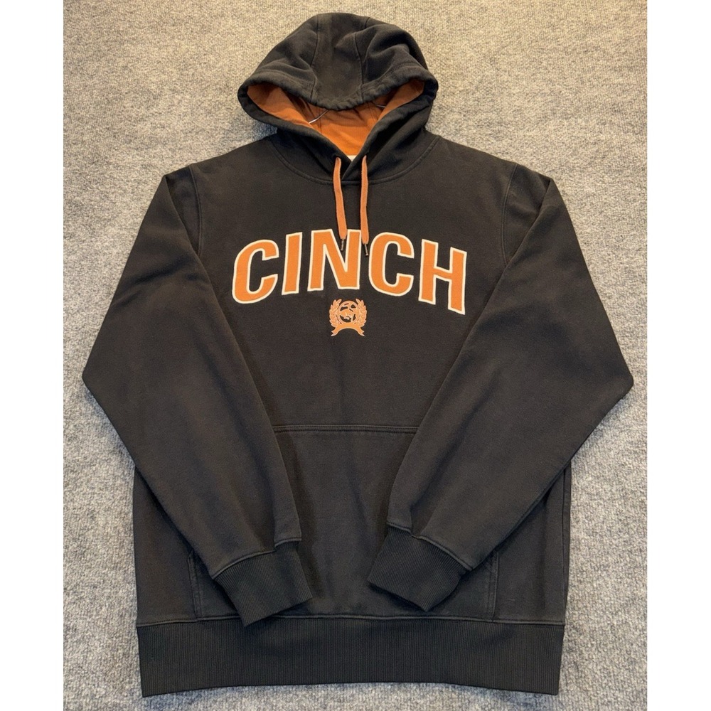 Cinch Men's Small Black Orange Pullover Hoodie Western Rodeo Logo Sweatshirt
